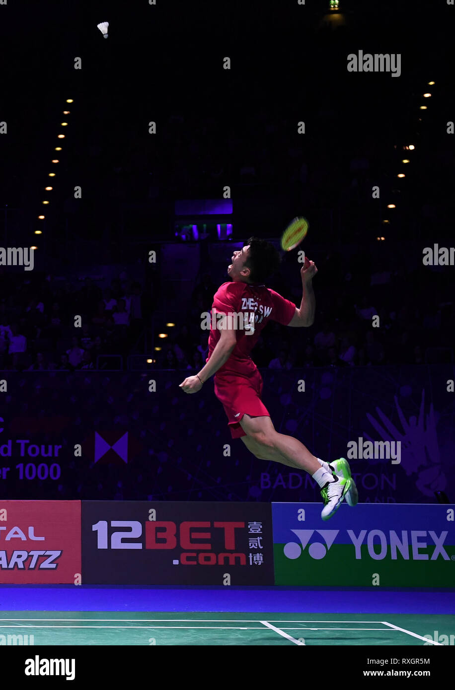 Birmingham, Regno Unito. 9 Mar, 2019. Overgrip Yonex tutti Inghilterra aprire Badminton campionati, giorno 4; doppio misto corrispondono, ZHENG Siwei e HUANG Yaqiong della Cina versus Praveen Giordania e Melati Daeva OKTAVIANTI dell Indonesia; ZHENG Siwei della Cina linee fino la smash Credito: Azione Sport Plus/Alamy Live News Foto Stock