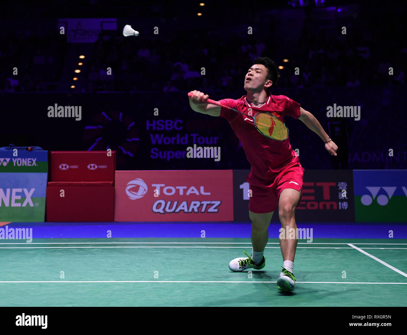 Birmingham, Regno Unito. 9 Mar, 2019. Overgrip Yonex tutti Inghilterra aprire Badminton campionati, giorno 4; doppio misto corrispondono, ZHENG Siwei e HUANG Yaqiong della Cina versus Praveen Giordania e Melati Daeva OKTAVIANTI dell Indonesia; ZHENG Siwei della Cina cancella il credito navetta: Azione Plus sport/Alamy Live News Foto Stock