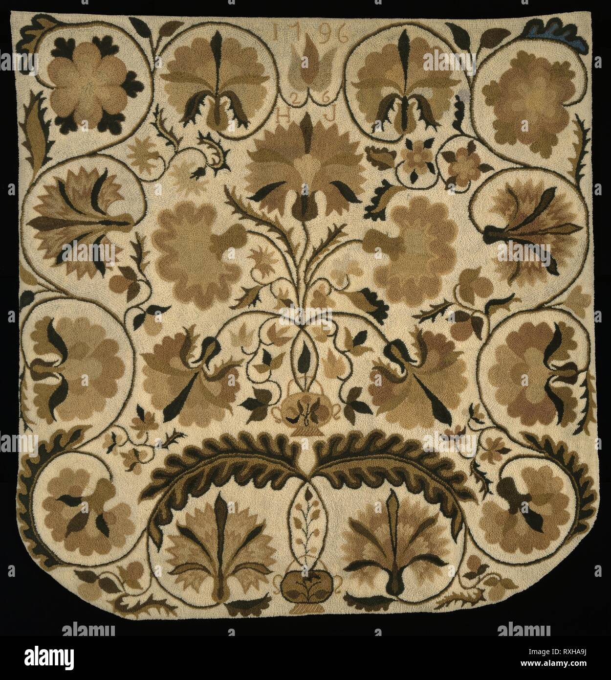 Bed Rug. Hannah Johnson (American, 1770-1848); Stati Uniti Connecticut, New London County, Botsrah. Data: 1796. Dimensioni: 249.4 x 246.1 cm (98 1/4 x 97 in.). Lana, ad armatura a tela; con taglio pila formata dai filati di lana ricamato in avvolto in esecuzione di punti di cucitura. Origine: Stati Uniti. Museo: Chicago Art Institute. Foto Stock