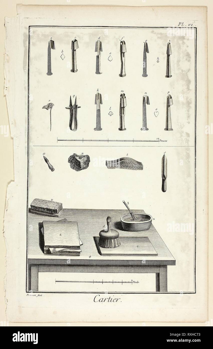 Card-Maker, da Encyclopédie. Benoît-Louis Prévost (francese, c. 1735-1809); pubblicato da André le Breton (Francese, 1708-1779), Michel-Antoine David (francese, c. 1707-1769), Laurent Durand (Francese, 1712-1763), e Antoine-Claude Briasson (Francese, 1700-1775). Data: 1762-1777. Dimensioni: 325 × 209 mm (nell'immagine); 355 × 225 mm (piastra); 387 × 255 mm (foglio). Incisione su crema di latte di cui la carta. Provenienza: Francia. Museo: Chicago Art Institute. Foto Stock