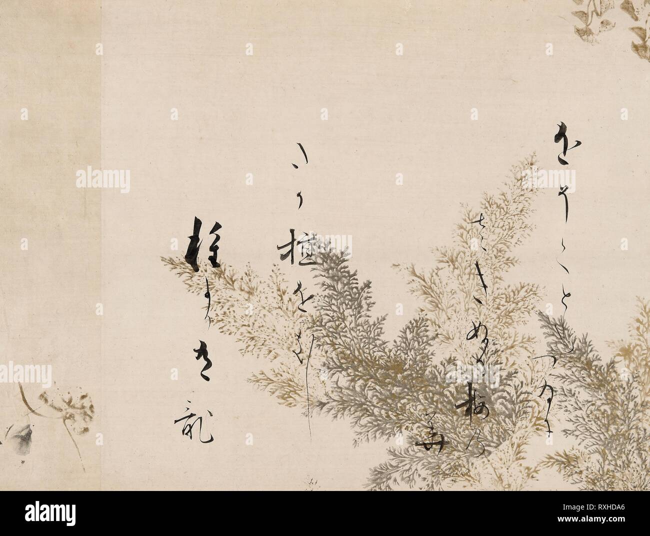 Una poesia da Shin Kokinshu con il design di Shinobugusa graminacee. Hon'ami Koetsu; Giapponese, 1558-1637. Data: 1605-1610. Dimensioni: 33,6 × 44,5 cm (13 1/4 × 17 1/2 in.). Frammento di un handscroll montato come un aggancio a scorrimento, inchiostro, oro-argento pigmento colorato, e mica su carta. Origine: . Museo: Chicago Art Institute. Foto Stock