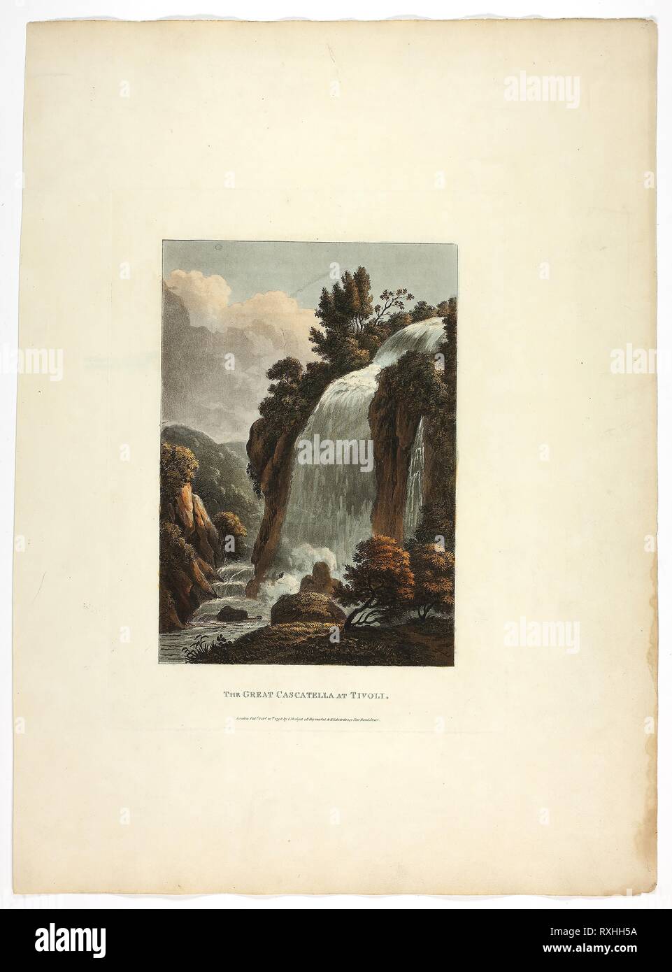 Il grande cascatella a Tivoli, piastra di tredici dalle rovine di Roma. M. Dubourg, (Inglese, active 1786-1838); pubblicato da J. Merigot (italiano, sconosciuto). Data: 1798. Dimensioni: 448 × 330 mm (foglio). Colorate a mano la puntasecca su carta. Origine: Inghilterra. Museo: Chicago Art Institute. Foto Stock