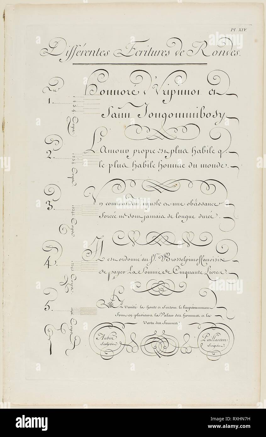 Varie Rounded-Style calligrafia, da Encyclopédie. Aubin (francese, attivo del XVIII secolo); dopo Charles Paillasson (Francese, 1718-1789); pubblicato da André le Breton (Francese, 1708-1779), Michel-Antoine David (francese, c. 1707-1769), Laurent Durand (Francese, 1712-1763), e Antoine-Claude Briasson (Francese, 1700-1775). Data: 1760. Dimensioni: 400 × 260 mm. Incisione su crema di latte di cui la carta. Provenienza: Francia. Museo: Chicago Art Institute. Foto Stock