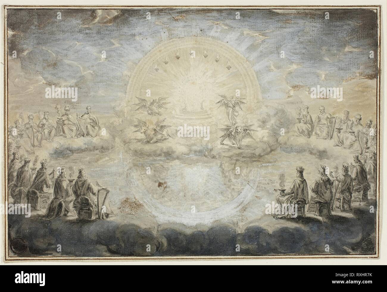 Scena di rivelazioni. Ottmar Elliger, il giovane; Tedesco, 1666-1735. Data: 1686-1735. Dimensioni: 140 x 207 mm. Penna e inchiostro grigio con una spazzola e lavare grigio e bianco di piombo (parzialmente scolorito) sulla crema di latte di cui la carta. Origine: Germania. Museo: Chicago Art Institute. Foto Stock