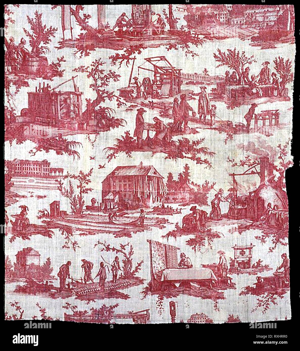 Les Travaux de la fabbricazione (Fabbrica nel funzionamento) (tessuti per arredamento). Progettato da Jean Baptiste Huet (Francese, 1745-1811); fabbricato dalla manifattura Oberkampf (Francese, 1738-1815); Francia, Jouy-en-Josas. Data: 1783-1784. Dimensioni: 100,4 × 91,7 cm (39 1/2 × 36 in.). Cotone, ad armatura a tela; calcografia stampato. Provenienza: Francia. Museo: Chicago Art Institute. Foto Stock