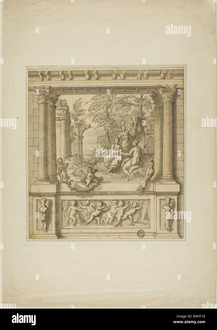 Decorazione murale con la storia di Egeria & Numa Pompilio. James Thornhill; Inglese, 1675-1734. Data: 1695-1734. Dimensioni: 212 × 193 mm. Penna e inchiostro bruno con spazzola e grey wash, la crema di cui carta, stabilite su avorio carta intessuta. Origine: Inghilterra. Museo: Chicago Art Institute. Foto Stock