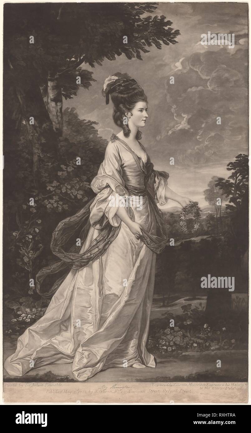 Jane, contessa di Harrington. Valentino verde (Inglese, 1739-1813); dopo Sir Joshua Reynolds (Inglese, 1723-1792). Data: 1780. Dimensioni: 598 × 387 mm (nell'immagine); 632 × 387 mm (foglio). Mezzatinta su carta. Origine: Inghilterra. Museo: Chicago Art Institute. Foto Stock