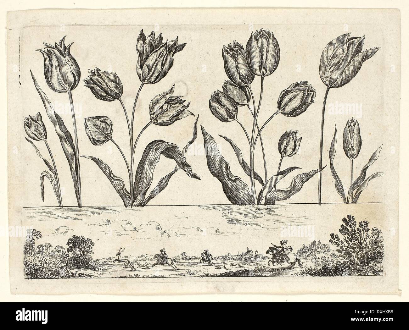 Fiori e scene di caccia, dal Nouveau Livre de fleurs Tres-Util. Nicolas Cochin (Francese, 1610-1686), pubblicata da Balthasar Moncornet (francese, c. 1600-1668). Data: 1645. Dimensioni: 81 × 115 mm (immagine/piastra); 89 × 124 mm (foglio). Attacco in nero su carta velina avorio carta. Provenienza: Francia. Museo: Chicago Art Institute. Foto Stock