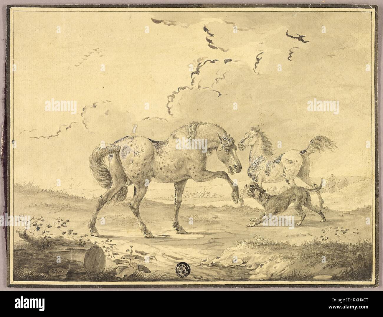 Due cavalli cane da combattimento. Johann Georg Pforr; Tedesco, 1745-1798. Data: 1765-1798. Dimensioni: 187 × 245 mm. Penna e inchiostro grigio, con spazzola e grigio e marrone, lavaggio intensificato con filo bianco (scolorito), la crema di cui la carta. Origine: Germania. Museo: Chicago Art Institute. Foto Stock