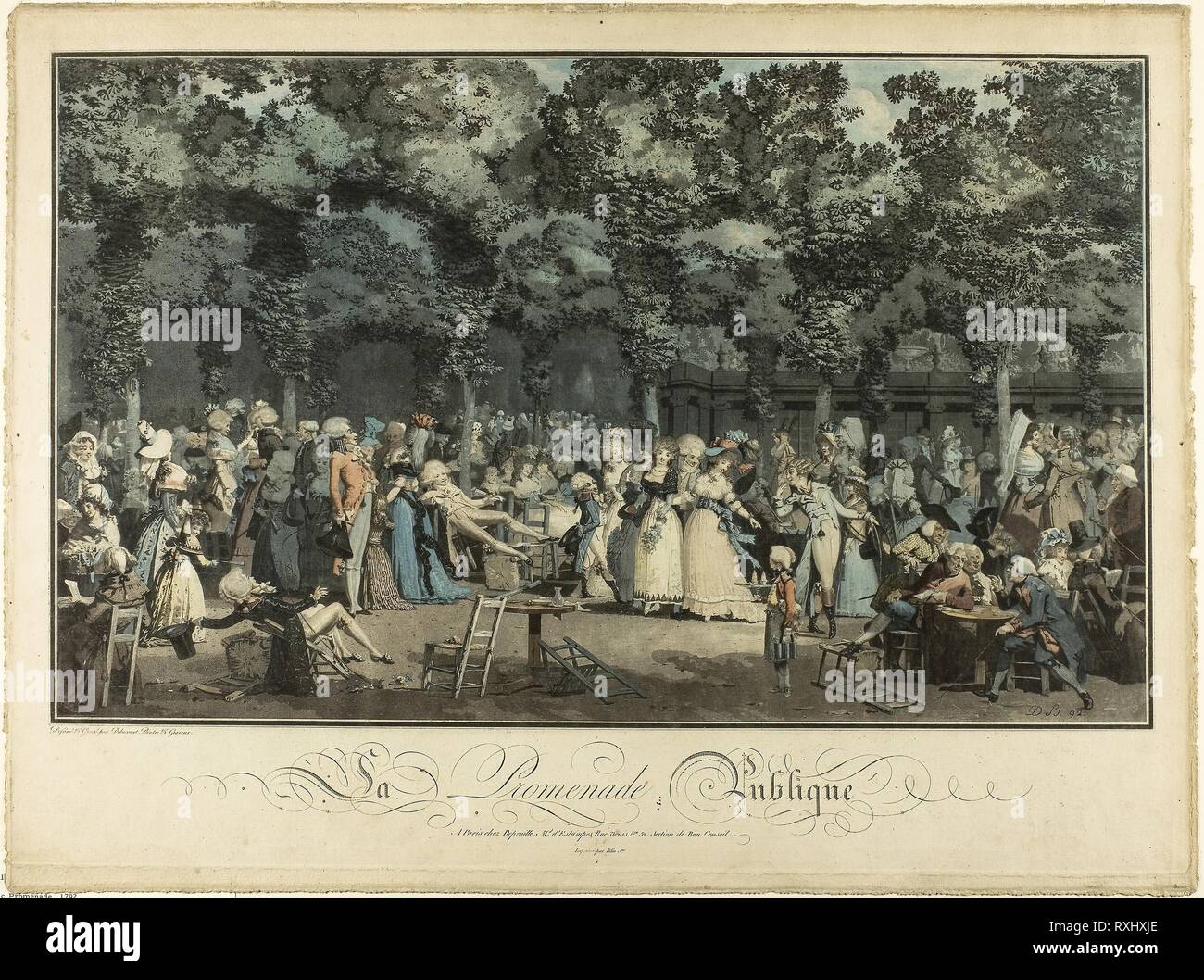 Promenade Publique. Philibert Louis Debucourt; francese, 1755-1832. Data: 1792. Dimensioni: 467 × 635 mm (piastra); 480 × 642 mm (foglio). Modo di lavaggio acquatinta a colori su carta. Provenienza: Francia. Museo: Chicago Art Institute. Autore: Philibert Louis Debucourt. Debucourt Philibert-Louis. Foto Stock