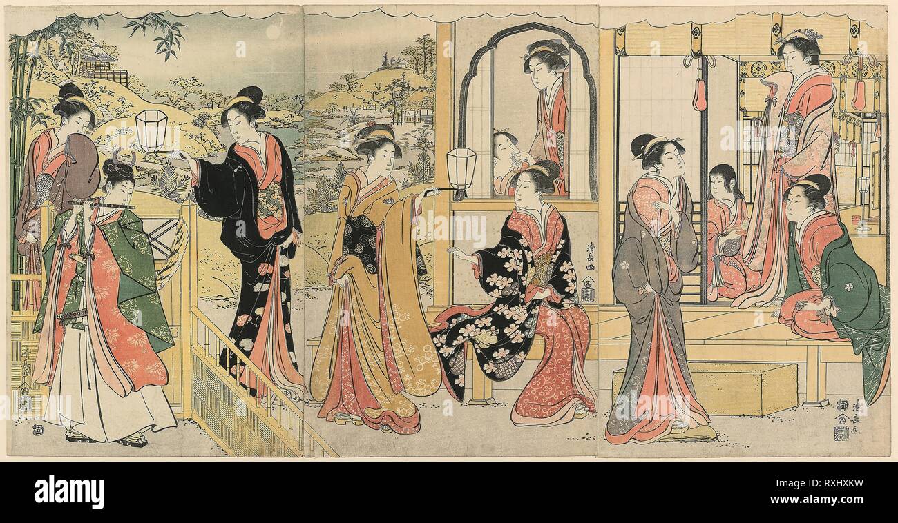 Una versione moderna della Serenata Ushiwakamaru Principessa Joruri. Torii Kiyonaga; Giapponese, 1752-1815. Data: 1780-1790. Dimensioni: 37,9 x 24,5 cm (lamiera destra), 37.9 x 24.7 cm (centro foglio), 37.9 x 25.0 cm (lamiera sinistra). Color woodblock stampe; Trittico di Oban. Provenienza: Giappone. Museo: Chicago Art Institute. Foto Stock