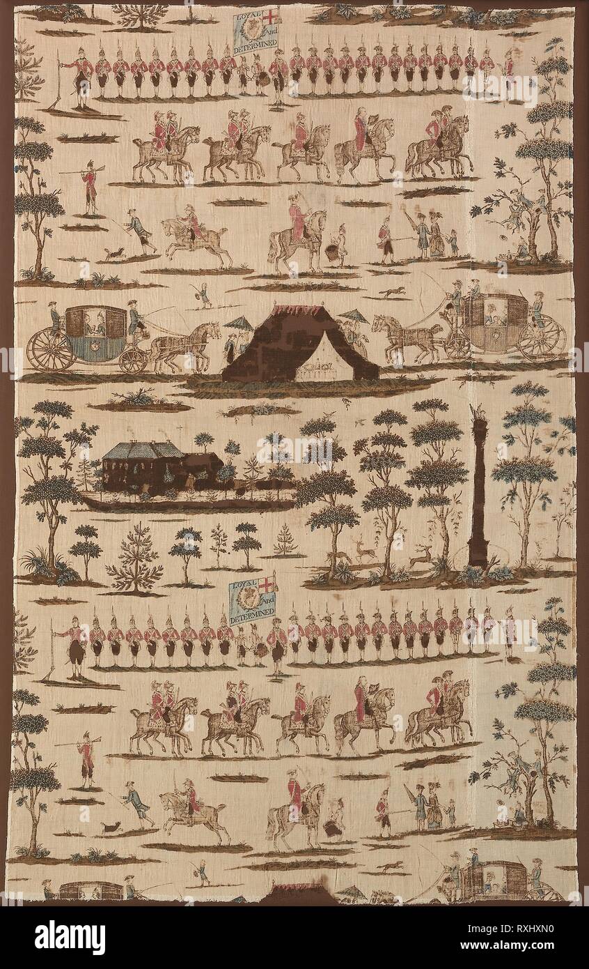 I volontari irlandesi (Tessuti per Arredamento). Progettato probabilmente da Gabriel Beranger sono (Irlandese, 1729-1817); stampato da Thomas Harpur (Irlandese, active c. 1782); Irlanda, nella contea di Kildare, Leixlip. Data: 1782-1783. Dimensioni: 126,3 x 79,4 cm (49 3/4 x 31 1/4 in.) ordito ripetere: 80,1 cm (31 1/2 in.). Lino e cotone, ad armatura a tela; calcografia; stampato verniciato. Origine: Kildare. Museo: Chicago Art Institute. Foto Stock