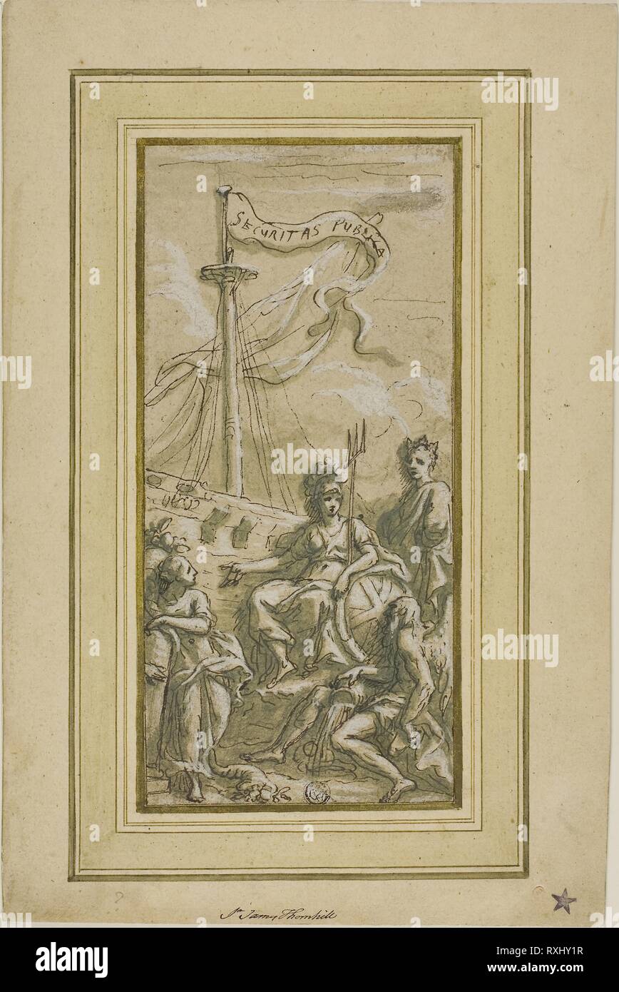 Securitas Publica. James Thornhill; Inglese, 1675-1734. Data: 1718-1725. Dimensioni: 250 × 117 mm. Penna e inchiostro bruno con pennello e lavaggio verde, rafforzata con il bianco gouache su grafite, su tan carta intessuta, fissate sul bordo. Origine: Inghilterra. Museo: Chicago Art Institute. Foto Stock