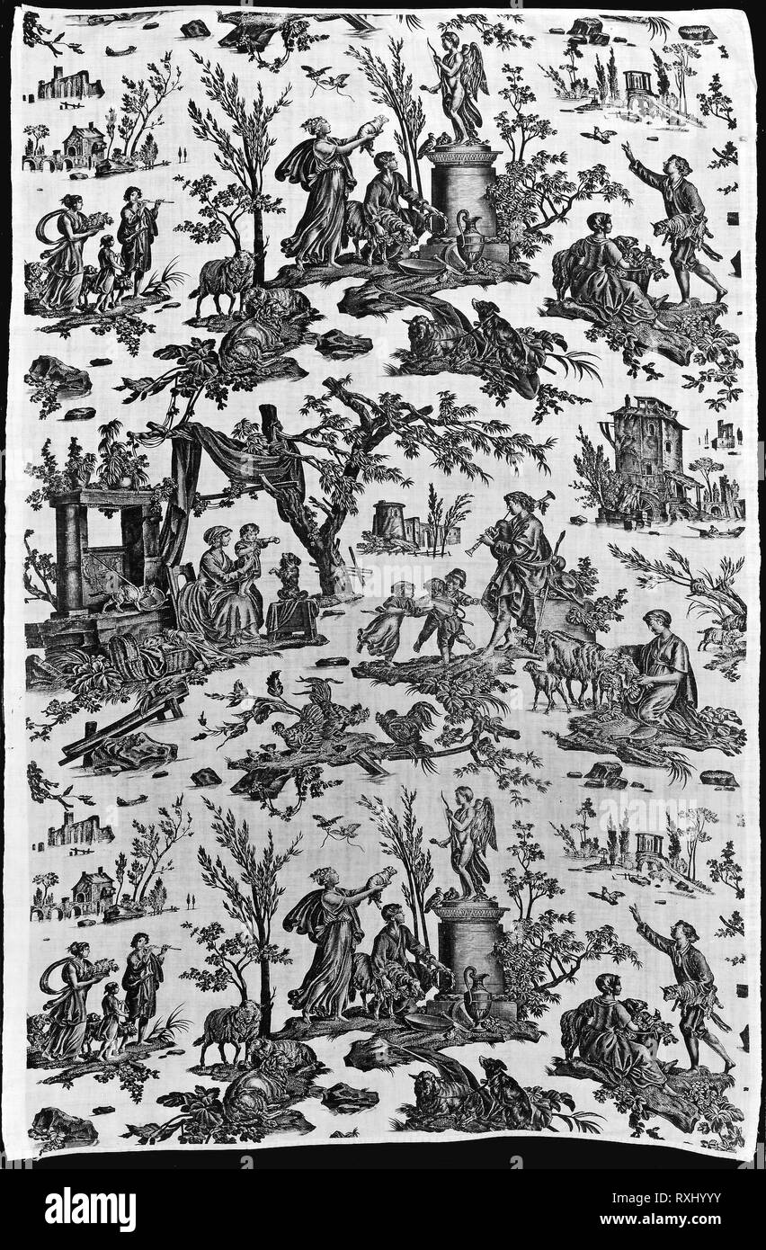 Le sacrificio à l'Amour (Offrande à l'Amour) (tessuti per arredamento). Progettato da Jean Baptiste Huet (Francese, 1745-1811); fabbricato da Christophe Phillipe Oberkampf (Francese, 1738-1815); Francia, Jouy-en-Josas. Data: 1795-1800. Dimensioni: 154,2 × 99,8 cm (60 3/4 × 39 1/4 poll.), ripetere: 99,8 cm (39 1/4 in.). Cotone, ad armatura a tela; calcografia stampato. Provenienza: Francia. Museo: Chicago Art Institute. Foto Stock
