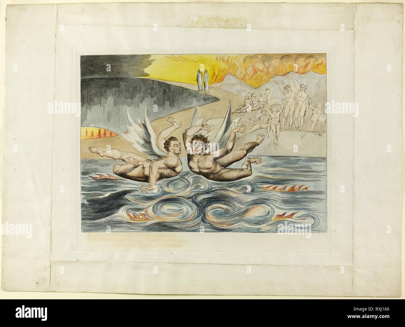 Il cerchio dei funzionari corrotti; i diavoli Mauling ogni altro. Inferno, canto XXII. William Blake; Inglese, 1757-1827. Data: 1827. Dimensioni: 240 × 330 mm (nell'immagine); 78 × 354 mm (piastra); 392 × 537 mm (foglio). Colorate a mano incisioni su carta india, fissate su carta intessuta (chine collé). Origine: Inghilterra. Museo: Chicago Art Institute. Foto Stock