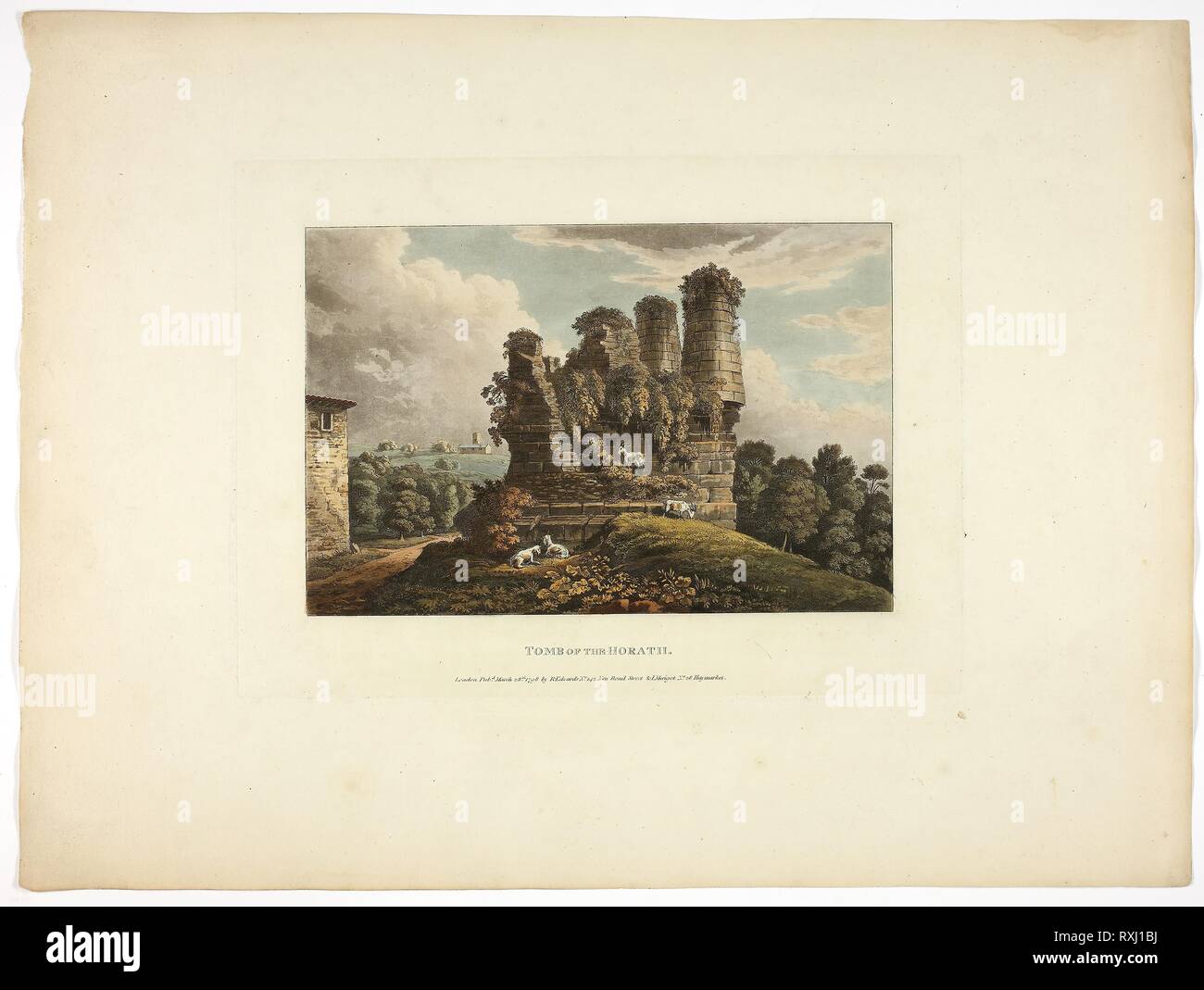 Tomba di Horath, piastra sei dalle rovine di Roma. M. Dubourg, (Inglese, active 1786-1838); pubblicato da J. Merigot (italiano, sconosciuto). Data: 1798. Dimensioni: 330 × 448 mm (foglio). Colorate a mano la puntasecca su carta. Origine: Inghilterra. Museo: Chicago Art Institute. Foto Stock