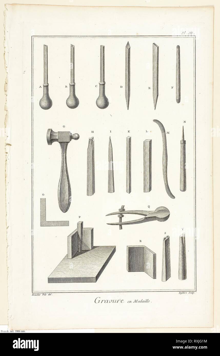 Medaglia, incisione da Encyclopédie. A. J. Defehrt (francese, attivo del XVIII secolo); dopo André-Jean-Baptiste Boucher d'Argis (Francese, 1750-1794); pubblicato da André le Breton (Francese, 1708-1779), Michel-Antoine David (francese, c. 1707-1769), Laurent Durand (Francese, 1712-1763), e Antoine-Claude Briasson (Francese, 1700-1775). Data: 1762-1777. Dimensioni: 311 × 200 mm (nell'immagine); 355 × 225 mm (piastra); 390 × 255 mm (foglio). Incisione su crema di latte di cui la carta. Provenienza: Francia. Museo: Chicago Art Institute. Foto Stock