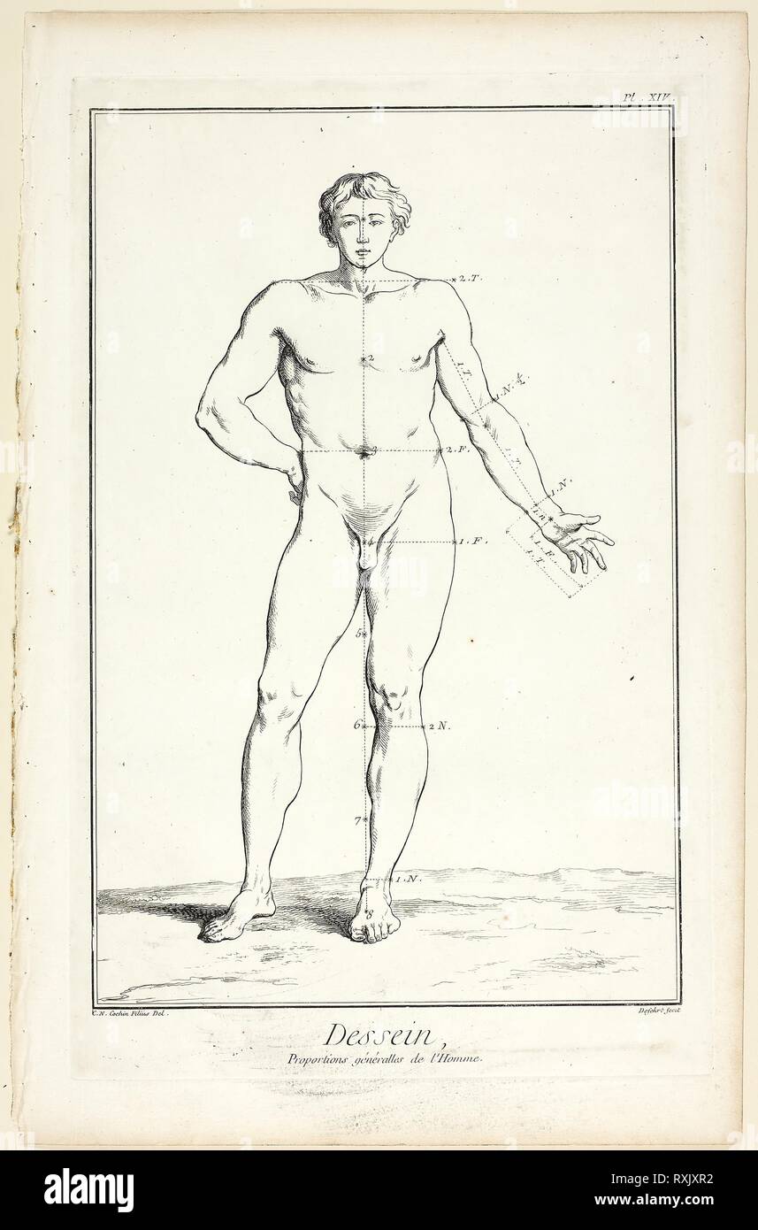 Design: proporzioni generali del maschio, da Encyclopédie. A. J. Defehrt (francese, attivo del XVIII secolo); dopo Charles-Nicholas Cochin, il giovane (Francese, 1715-1790); pubblicato da André le Breton (Francese, 1708-1779), Michel-Antoine David (francese, c. 1707-1769), Laurent Durand (Francese, 1712-1763), e Antoine-Claude Briasson (Francese, 1700-1775). Data: 1762-1777. Dimensioni: 400 × 260 mm. Attacco, con incisione, la crema di cui la carta. Provenienza: Francia. Museo: Chicago Art Institute. Foto Stock