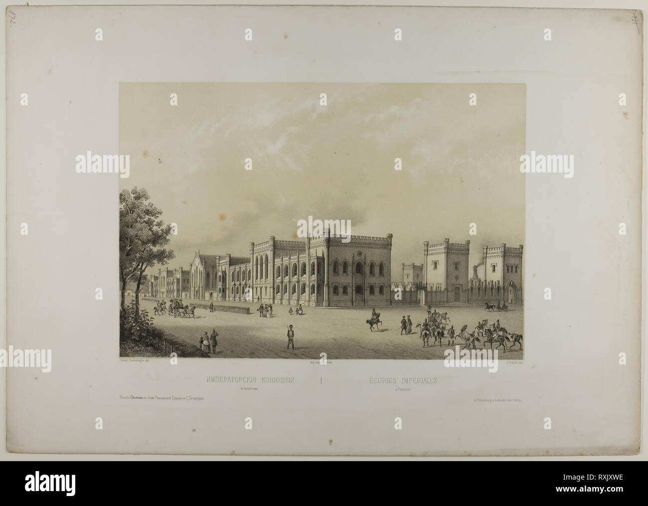 Imperial maneggio, Petrodvorets. C. Schultz (possibilmente in tedesco, attiva. c. 1820-1830); dopo Giuseppe Carlo Magno (Russo, 19th-20th secoli). Data: 1815-1825. Dimensioni: 248 x 363 mm (nell'immagine); 401 x 569 mm (foglio). Litografia in nero con capretta tinta avorio su carta intessuta. Origine: Germania. Museo: Chicago Art Institute. Foto Stock