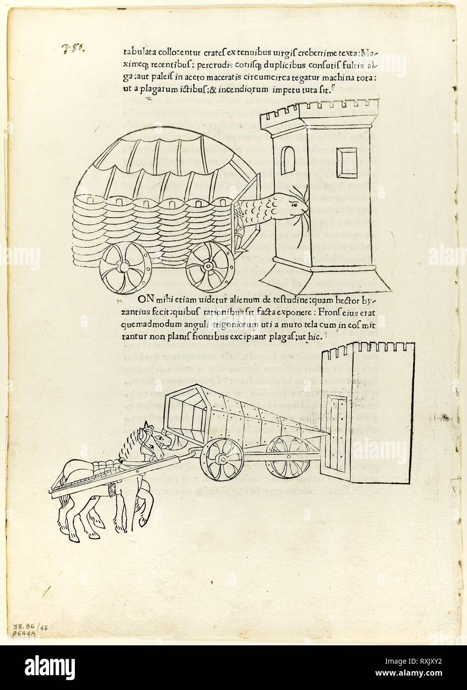 Arieti da De re militari (riguardanti questioni militari), la piastra 45 da xilografie da libri del XV secolo. Di Matteo de' Pasti (Italiano, c. 1420-1467/68); stampato e pubblicato da Johannes Nicolai de Verona (Italiano, c. 1405-1475); testo originale da Robertus Valturius (Italiano, 1405-1475); testo del portafoglio da Wilhelm Ludwig Schreiber (Tedesco, 1855-1932). Data: 1472. Dimensioni: 310 x 223 mm (foglio). Silografia in bianco e nero e stampa tipografica in nero (recto e verso), la crema di cui la carta. Origine: Italia. Museo: Chicago Art Institute. Autore: di Matteo de' Pasti. Foto Stock