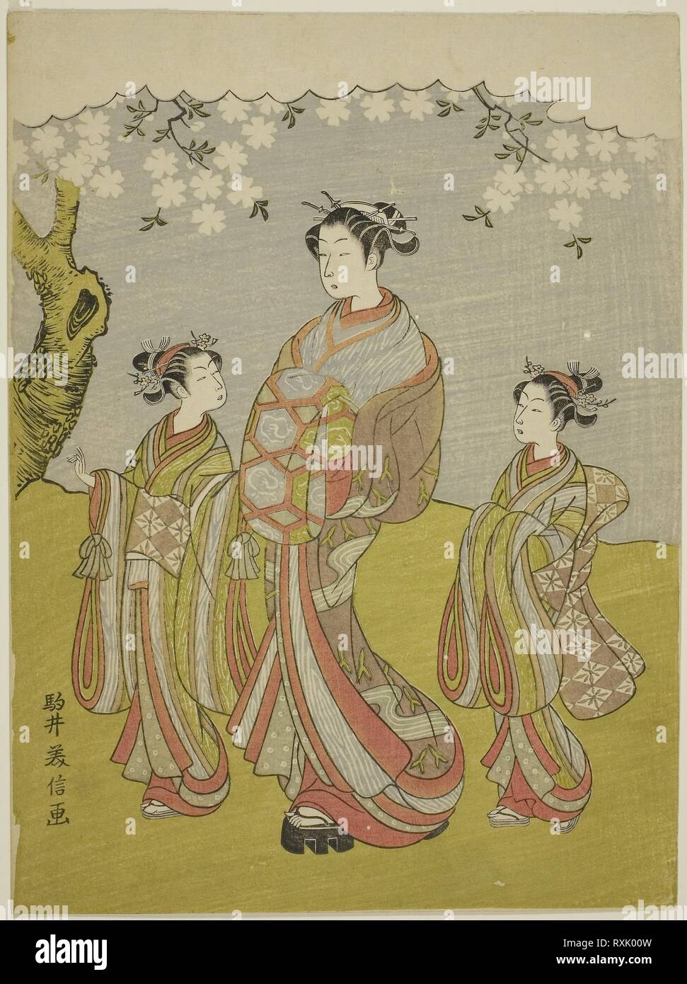 Cortigiana e accompagnatori sfilando sotto il ciliegio. Komai Yoshinobu; Giapponese, attivo c. 1764-81. Data: 1766-1776. Dimensioni: 26,3 x 19,8 cm (10 3/4 x 7 3/4 in.). Colore stampa woodblock; chuban. Provenienza: Giappone. Museo: Chicago Art Institute. Foto Stock