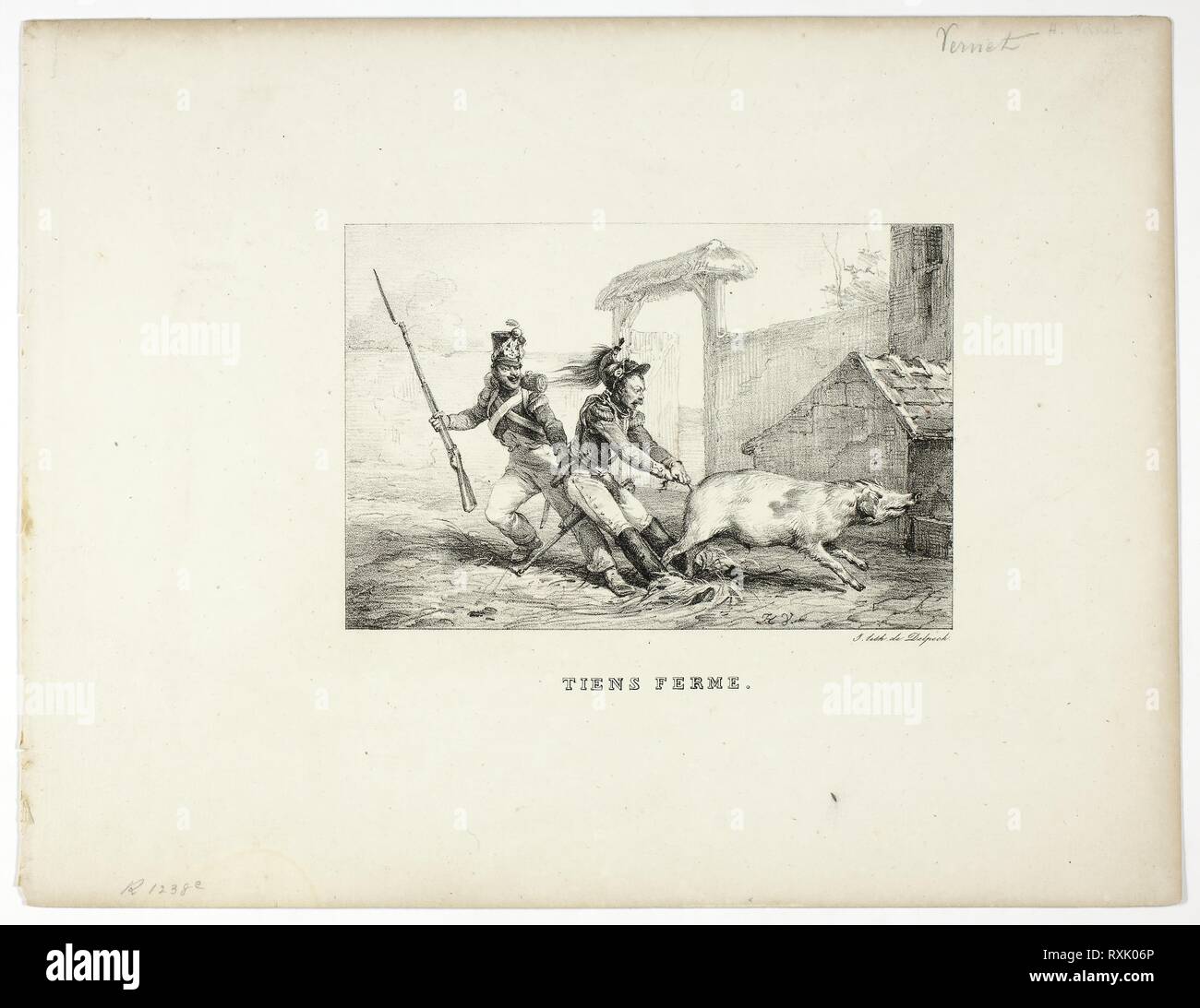 Tenere veloce. Horace Vernet (Francese, 1789-1863); stampato da Francois Serafino Delpech (Francese, 1778-1825). Data: 1813-1839. Dimensioni: 118 × 176 mm (nell'immagine); 258 × 337 mm (foglio). Litografia in nero su carta velina avorio carta. Provenienza: Francia. Museo: Chicago Art Institute. Foto Stock