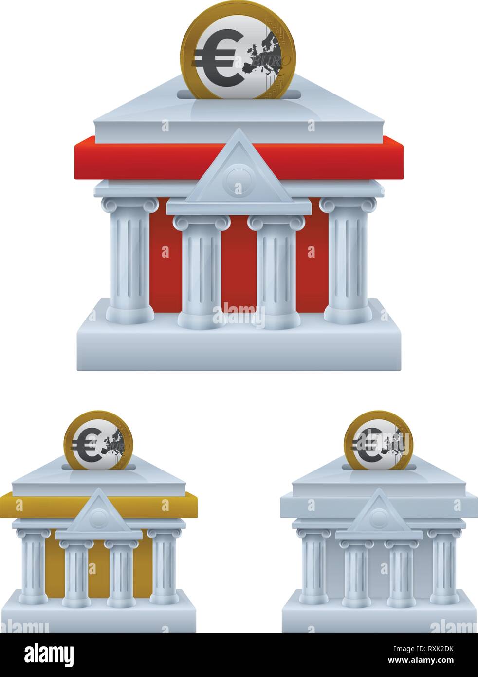 Bank building salvadanaio a forma di banche con simbolo euro su sfondo bianco. Financial concept design. Illustrazione Vettoriale
