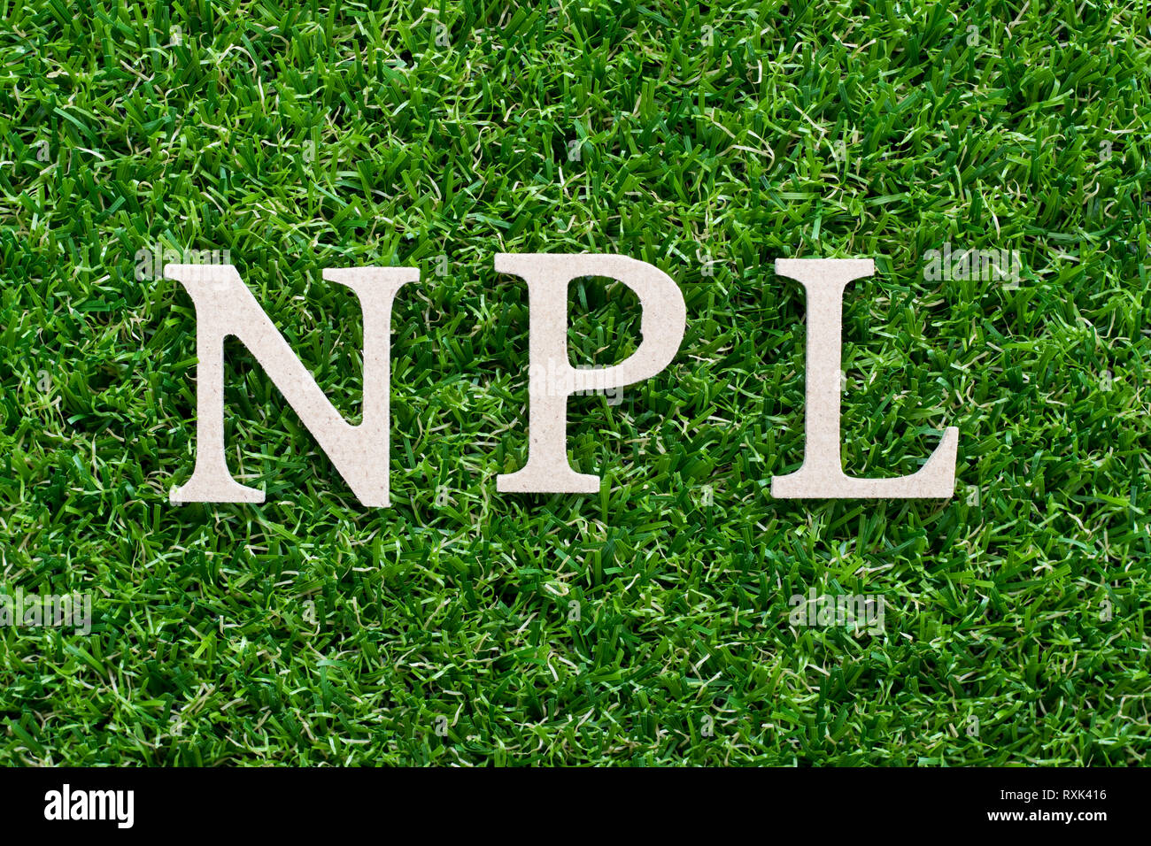 Alfabeto di legno in parola NPL (abbreviazione di Non Performing Loan, Non-Patent letteratura) su artificiali erba verde sullo sfondo Foto Stock