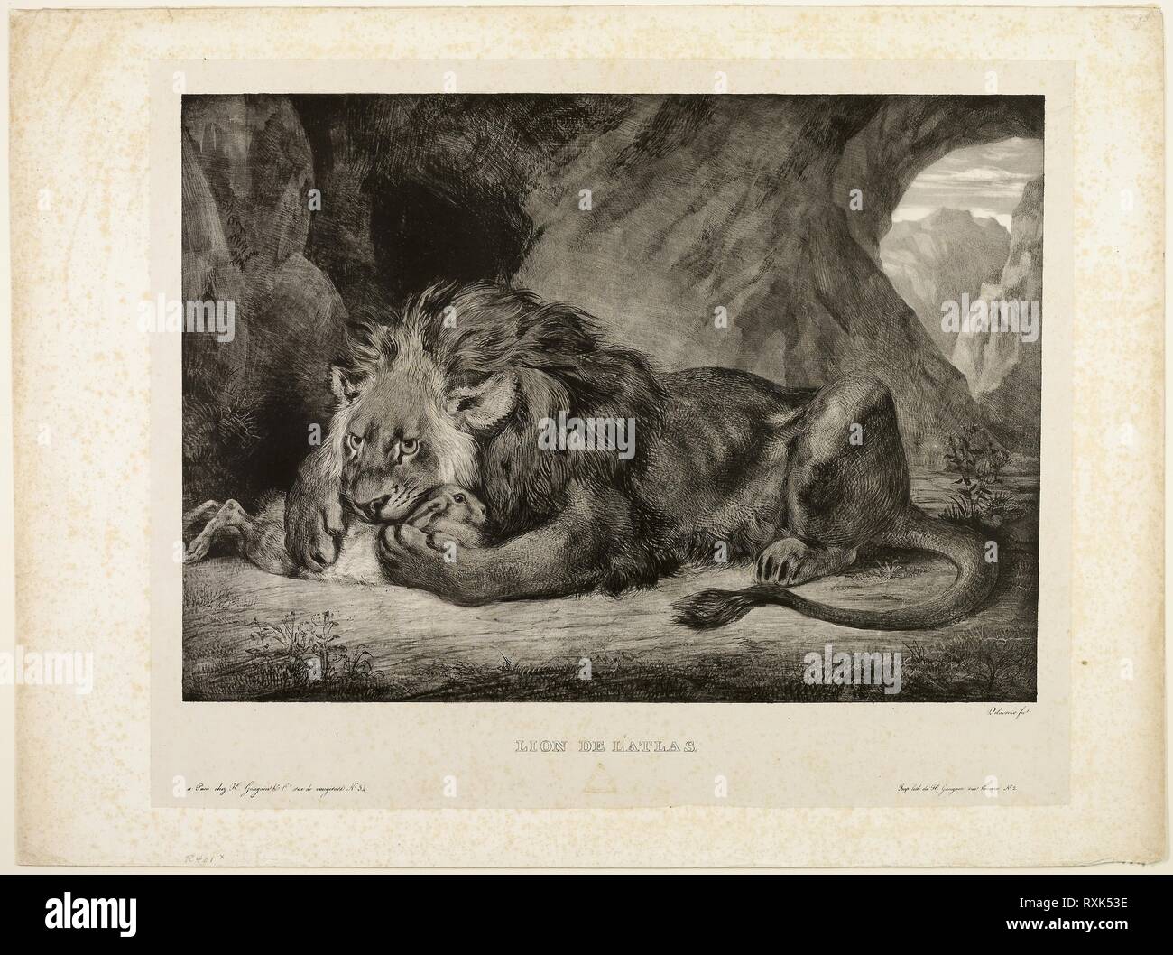 Lion sulle montagne dell'Atlante. Eugène Delacroix (francese, 1798 - 1863); stampato da E. Ardit (francese, atto. 1828-1834). Data: 1829. Dimensioni: 330 × 465 mm (nell'immagine); 470 × 625 mm (foglio). Litografia in nero su grigio chiaro carta Cina stabilite su avorio carta intessuta (chine collé). Provenienza: Francia. Museo: Chicago Art Institute. Foto Stock