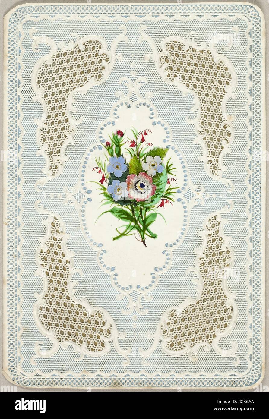 Untitled Valentine (Fiori). Artista sconosciuto; Inglese del XIX secolo. Data: 1840-1850. Dimensioni: 139 × 94 mm (foglio piegato). Elementi Collaged e acquerello su blu e accentati avorio goffrato carta intessuta. Origine: Inghilterra. Museo: Chicago Art Institute. Foto Stock