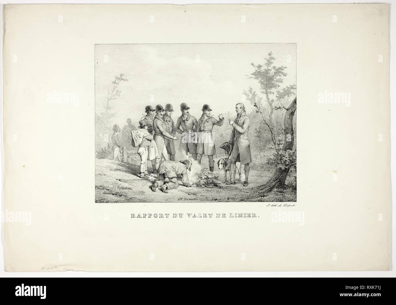 Valutazione della frusta. Horace Vernet (Francese, 1789-1863); stampato da Francois Serafino Delpech (Francese, 1778-1825). Data: 1813-1839. Dimensioni: 189 × 240 mm (nell'immagine); 319 × 462 mm (foglio). Litografia in nero su carta velina avorio carta. Provenienza: Francia. Museo: Chicago Art Institute. Foto Stock