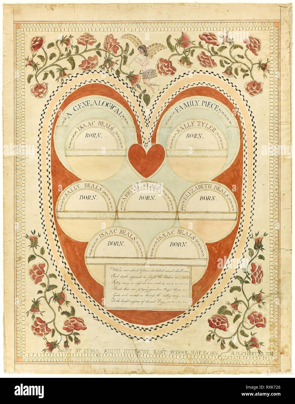 Una famiglia genealogica pezzo. Lydia Smith; American, xix secolo. Data: 1811. Dimensioni: 552 x 430 mm. Acquerello e penna e inchiostro bruno, con piombo gouache bianco (scolorito), crema su carta intessuta, stabilite su tessuto. Origine: Stati Uniti. Museo: Chicago Art Institute. Foto Stock