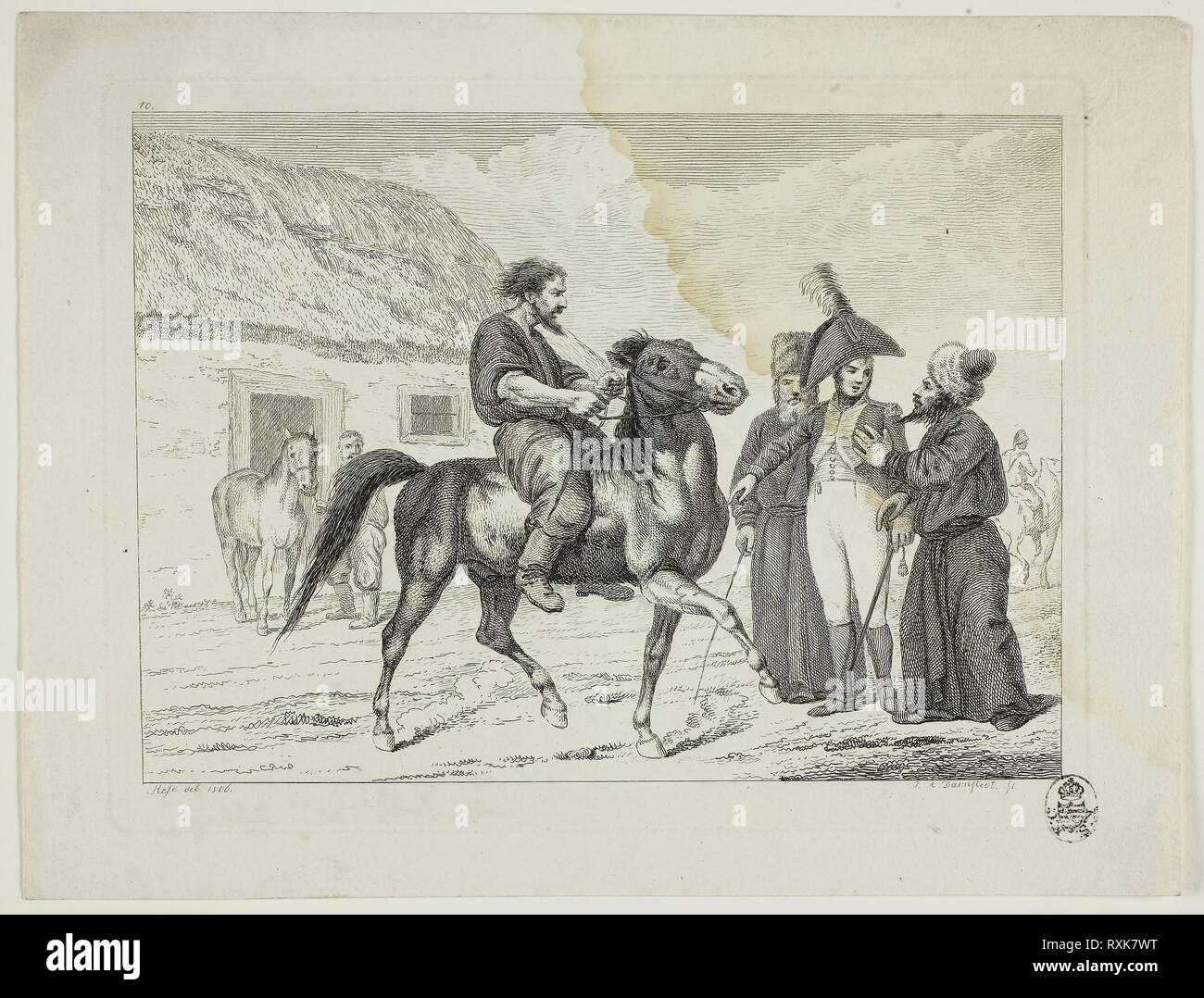 Scuola di equitazione e cavalli. Johann Adolph Darnstedt; Tedesco, 1769-1844. Data: 1806. Dimensioni: 138 × 191 mm (nell'immagine); 155 × 203 mm (piastra); 184 × 240 mm (foglio). Incisione su avorio carta intessuta. Origine: Germania. Museo: Chicago Art Institute. Foto Stock