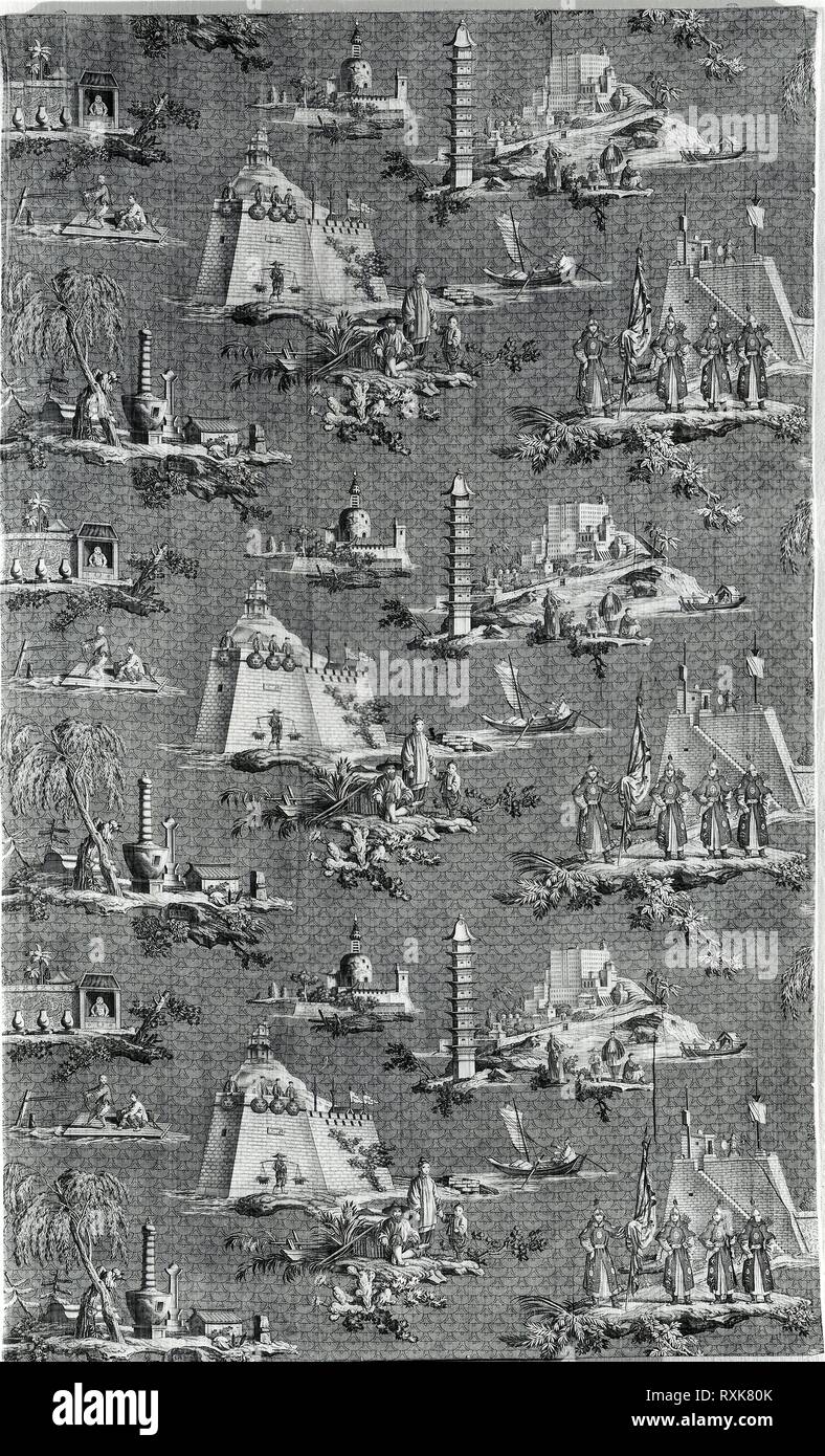 Les Monuments de Chine (i monumenti della Cina) (tessuti per arredamento). Progettato da Jean Baptiste Huet (Francese, 1745-1811) o Hippolyte Lebas (Francese, 1782-1867); fabbricato da Christophe Philippe Oberkampf (Francese, 1738-1815); Francia, Jouy-en-Josas. Data: 1805-1815. Dimensioni: 239,1 × 96,9 cm (94 1/8 × 38 1/4 in.) ordito ripetere: 52 cm (20 1/2 in.). Cotone, ad armatura a tela; rullo inciso e blocco stampate. Provenienza: Francia. Museo: Chicago Art Institute. Foto Stock