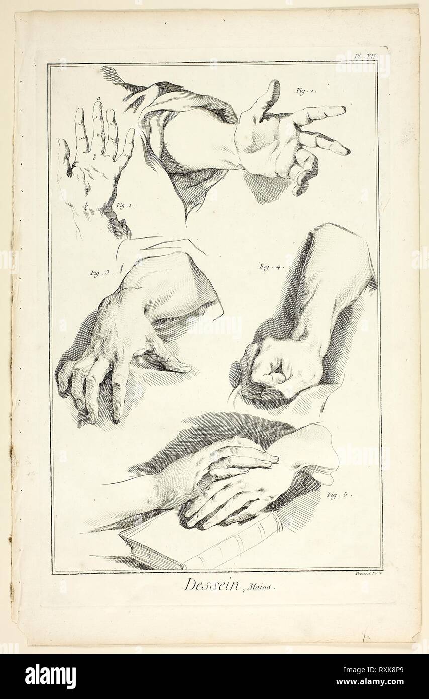 Design: le mani, da Encyclopédie. Benoît-Louis Prévost (francese, c. 1735-1809); pubblicato da André le Breton (Francese, 1708-1779), Michel-Antoine David (francese, c. 1707-1769), Laurent Durand (Francese, 1712-1763), e Antoine-Claude Briasson (Francese, 1700-1775). Data: 1762-1777. Dimensioni: 322 × 210 mm (nell'immagine); 352 × 225 mm (piastra); 400 × 260 mm (foglio). Attacco, con incisione, la crema di cui la carta. Provenienza: Francia. Museo: Chicago Art Institute. Foto Stock