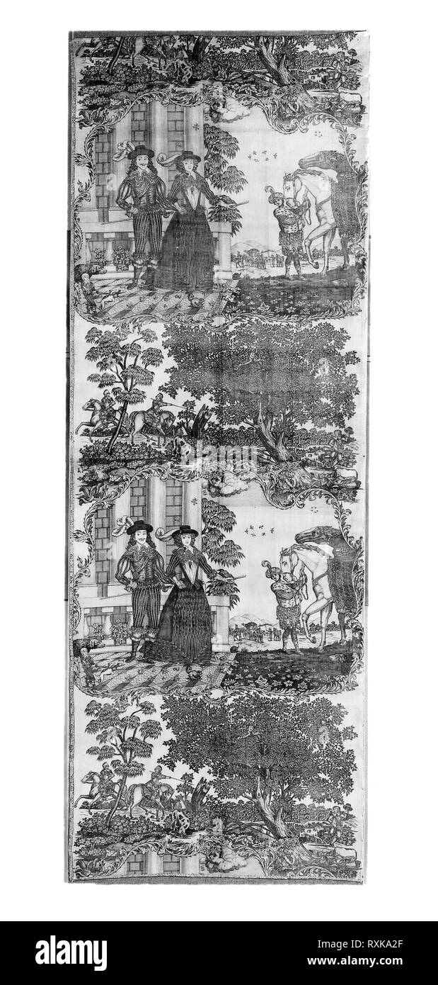 Pannello (Tessuti per Arredamento). Dopo Daniel Mytens, il sambuco (Olandese, c. 1590-1647); fabbricato da Sir Robert Peel (inglese, fondata c. 1770); l'Inghilterra. Data: 1780-1790. Dimensioni: *** 199,4 × 70,4 cm (78 1/2 × 27 3/4 in.) ordito ripetere: 88,2 cm (34 3/4 in.). Cotone, ad armatura a tela; calcografia stampato. Origine: Inghilterra. Museo: Chicago Art Institute. Foto Stock