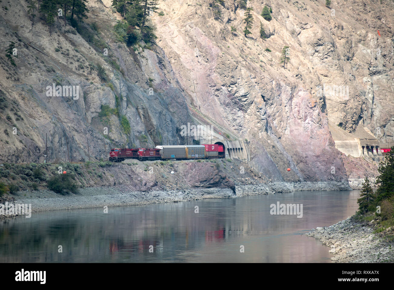 Un CP (Canadian Pacific) treno merci lungo il Thompson River, a nord di Lytton, British Columbia, Canada. Foto Stock