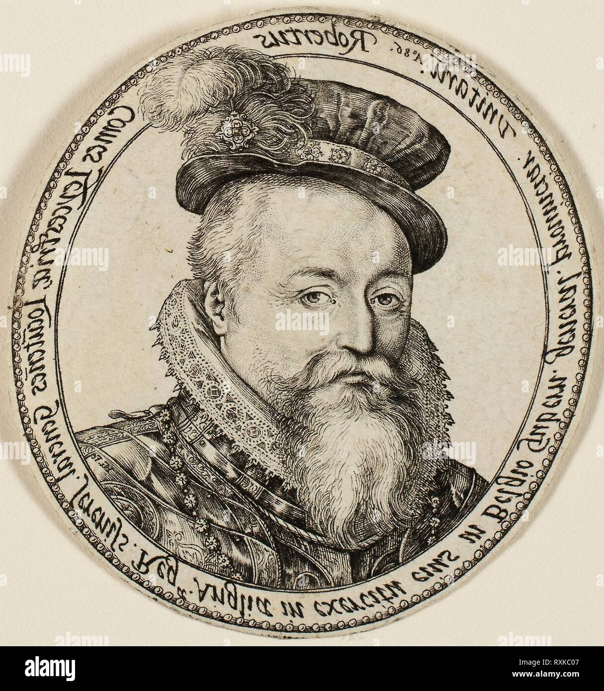 Robert Dudley, Earl di Leicester (1532-1588), inglese nobile, Governatore Generale delle province unite nel 1585-87. Hendrick Goltzius; Olandese, 1558-1617. Data: 1586. Dimensioni: 61 x 52 mm (l'immagine/foglio, rifilato entro la piastra mark). Incisione in nero su avorio di cui la carta. Origine: Paesi Bassi. Museo: Chicago Art Institute. Autore: Hendrick Goltzius. Hendrik Goltzius. Foto Stock