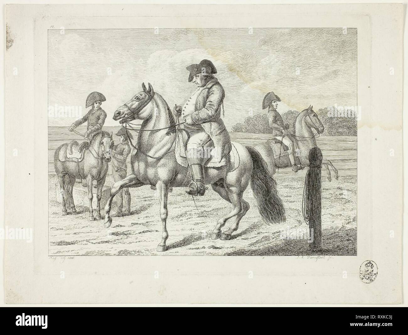 Scuola di equitazione e cavalli. Johann Adolph Darnstedt; Tedesco, 1769-1844. Data: 1806. Dimensioni: 138 × 181 mm (nell'immagine); 150 × 204 mm (piastra); 183 × 240 mm (foglio). Incisione su avorio carta intessuta. Origine: Germania. Museo: Chicago Art Institute. Foto Stock