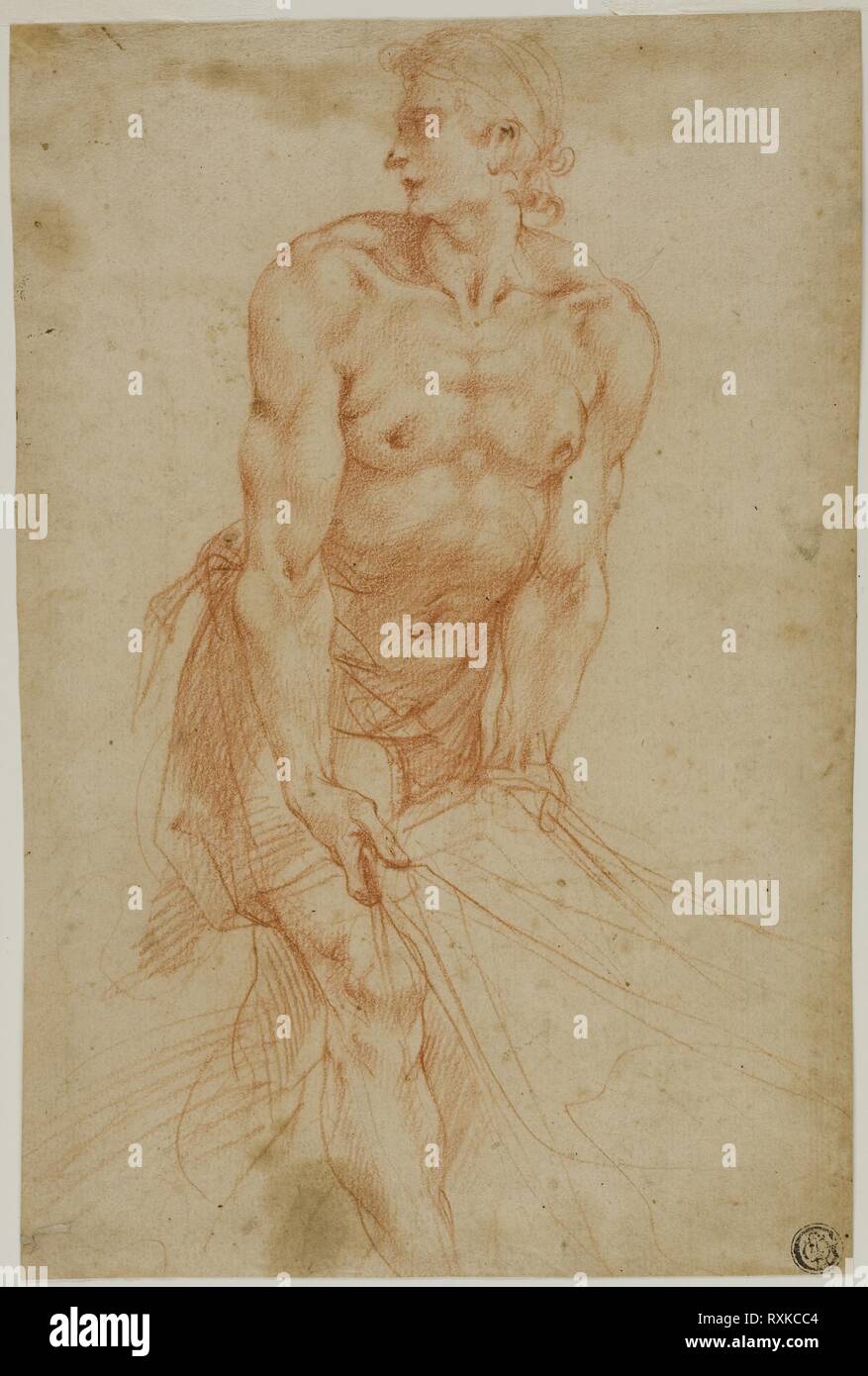 Uomo a strattoni sul foglio: Studio per tumulazione [Sacrestia della Certosa di San Martino, Napoli, 1596]. Giuseppe Cesari, detto il Cavalier d'Arpino; Italiano, 1568-1640. Data: 1595-1596. Dimensioni: 248 x 167 mm (max). Gesso rosso sul tan carta vergata, fissate sulla carta. Origine: Italia. Museo: Chicago Art Institute. Foto Stock