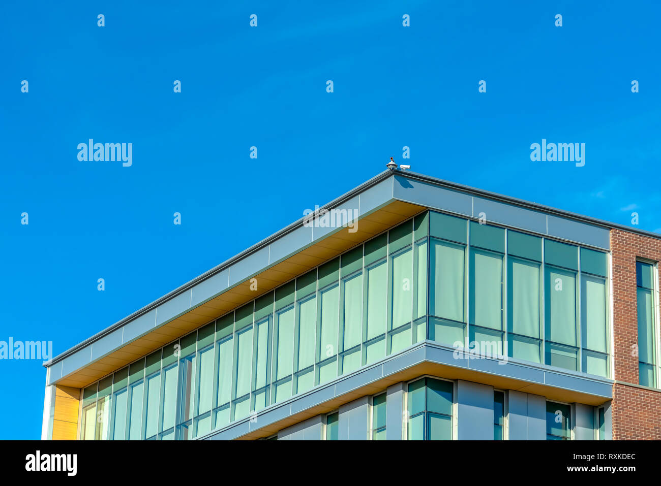 Soleggiato esterno di un edificio contro il cielo blu Foto Stock