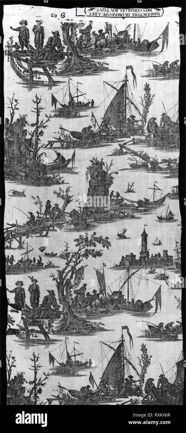 La Péche et la Commerce Maritime (la pesca e il commercio marittimo) (tessuti per arredamento). Incisi da Jean Jacques Le Vitello (Francese, 1729-1785) e altri Dopo Claude Joseph Vernet (Francese) 1714-1789 e altri; fabbricato dalla manifattura Oberkampf (Francese, 1738-1815); Francia, Jouy-en-Josas. Data: 1780-1800. Dimensioni: 176.6 × 71,7 cm (69 1/2 × 28 1/4 in.) ordito ripetere: 99,1 cm (39 in.). Cotone, ad armatura a tela; calcografia stampato. Provenienza: Francia. Museo: Chicago Art Institute. Foto Stock