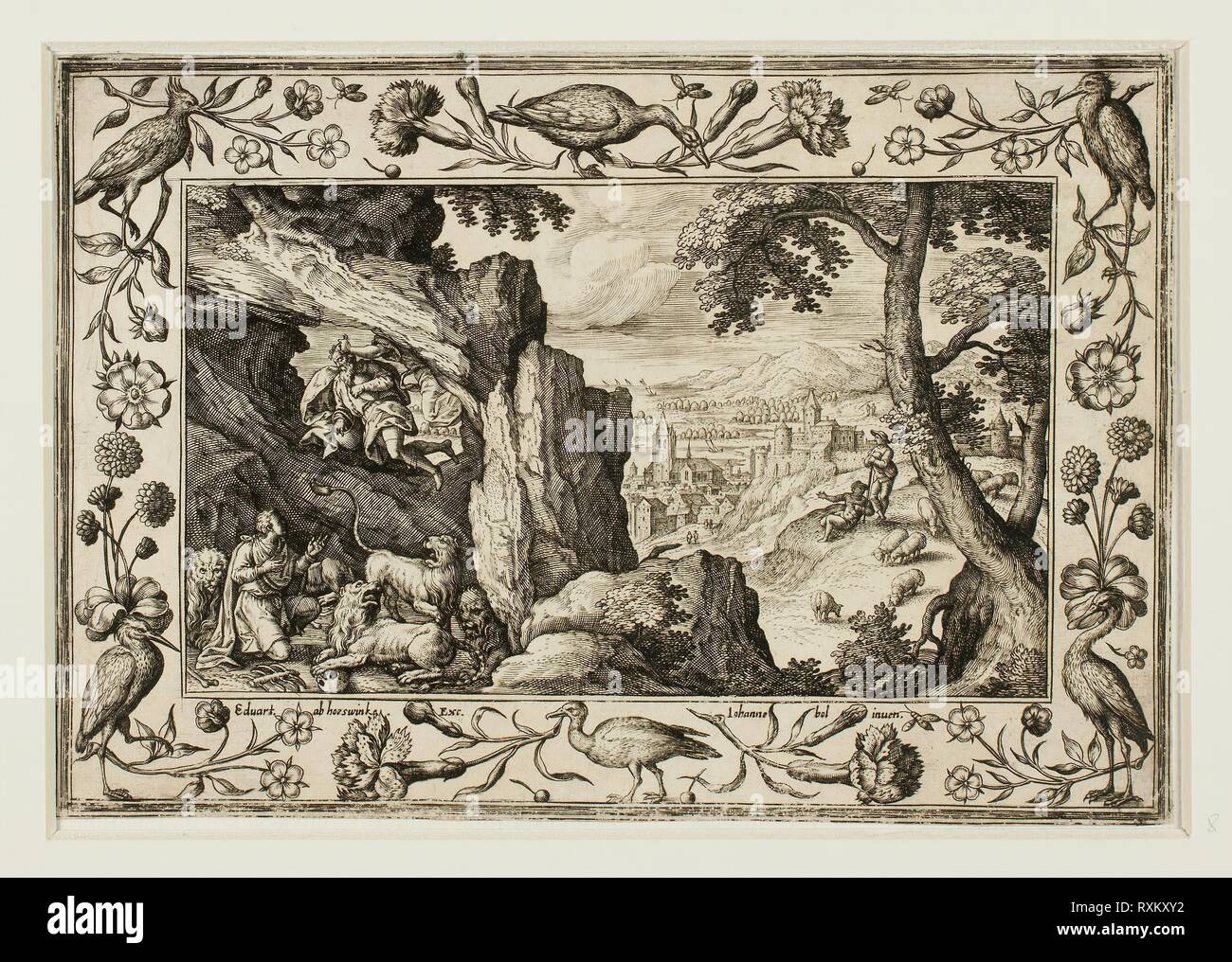 Daniel in the Lion's Den, dai paesaggi con il vecchio e il Nuovo Testamento scene e scene di caccia. Adriaen Collaert (fiammingo, c. 1560-1618); dopo Hans Bol (fiammingo, 1535-1593); pubblicato da Anna van Hoeswinckel (fiammingo). Data: 1584. Dimensioni: 143 × 200 mm (immagine/supporto primario, rifilato entro la piastra mark); 176 × 238 mm (supporto secondario). Incisione in bianco e nero in crema di latte di cui carta, fissate sulla crema di latte di cui la carta. Origine: Fiandre. Museo: Chicago Art Institute. Autore: II Adriaen Collaert. Foto Stock