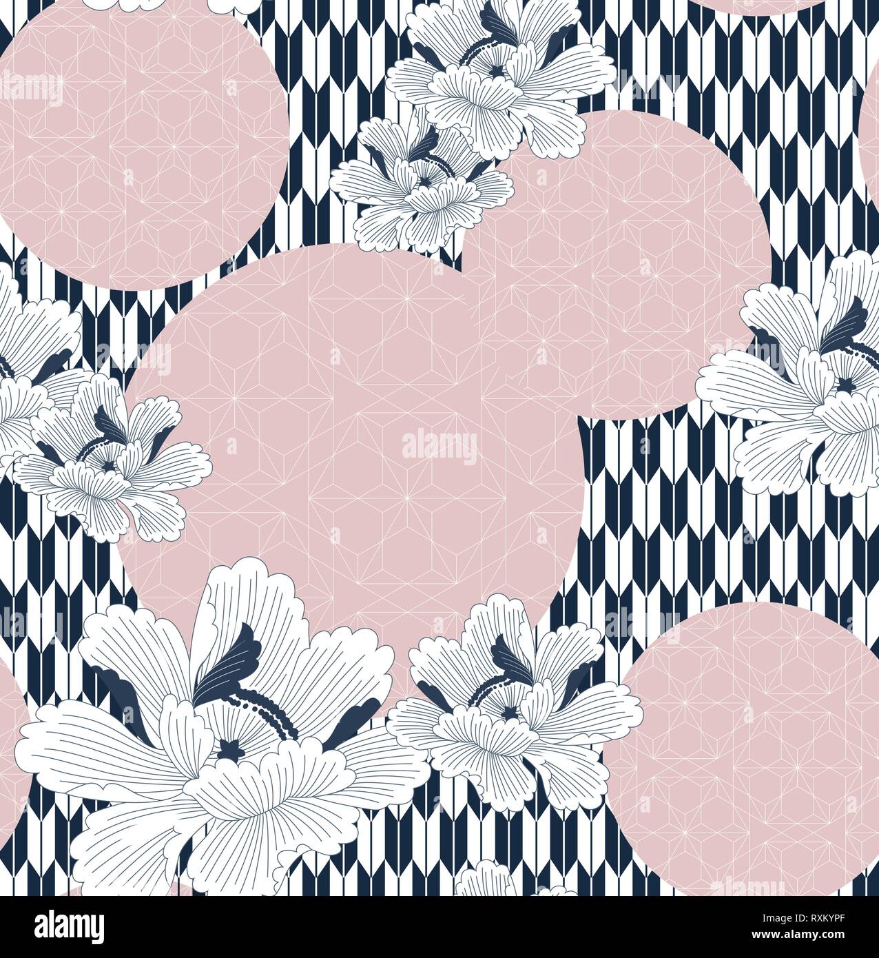 Fiore cinese pattern con elementi geometrici dello sfondo. Asian template vettoriale. Illustrazione Vettoriale