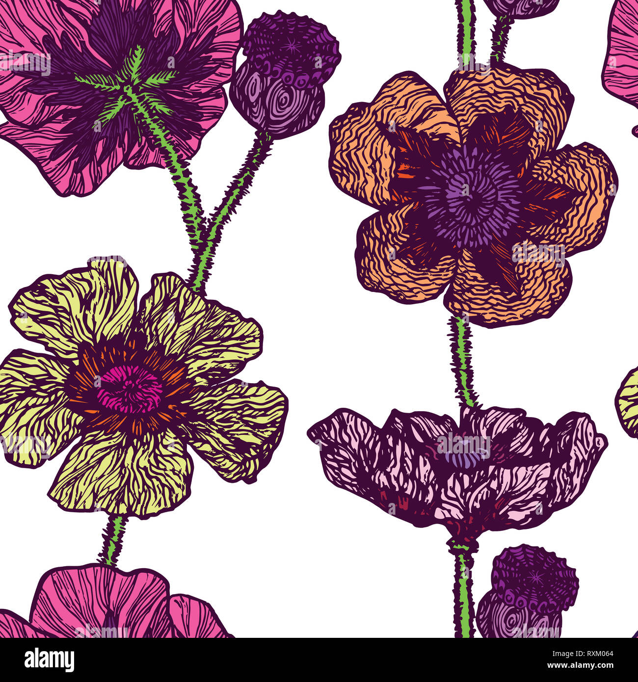 Papaveri colorati, disegnati a mano doodle, schizzo in naive, pop art style, perfetta design pattern su sfondo bianco Foto Stock