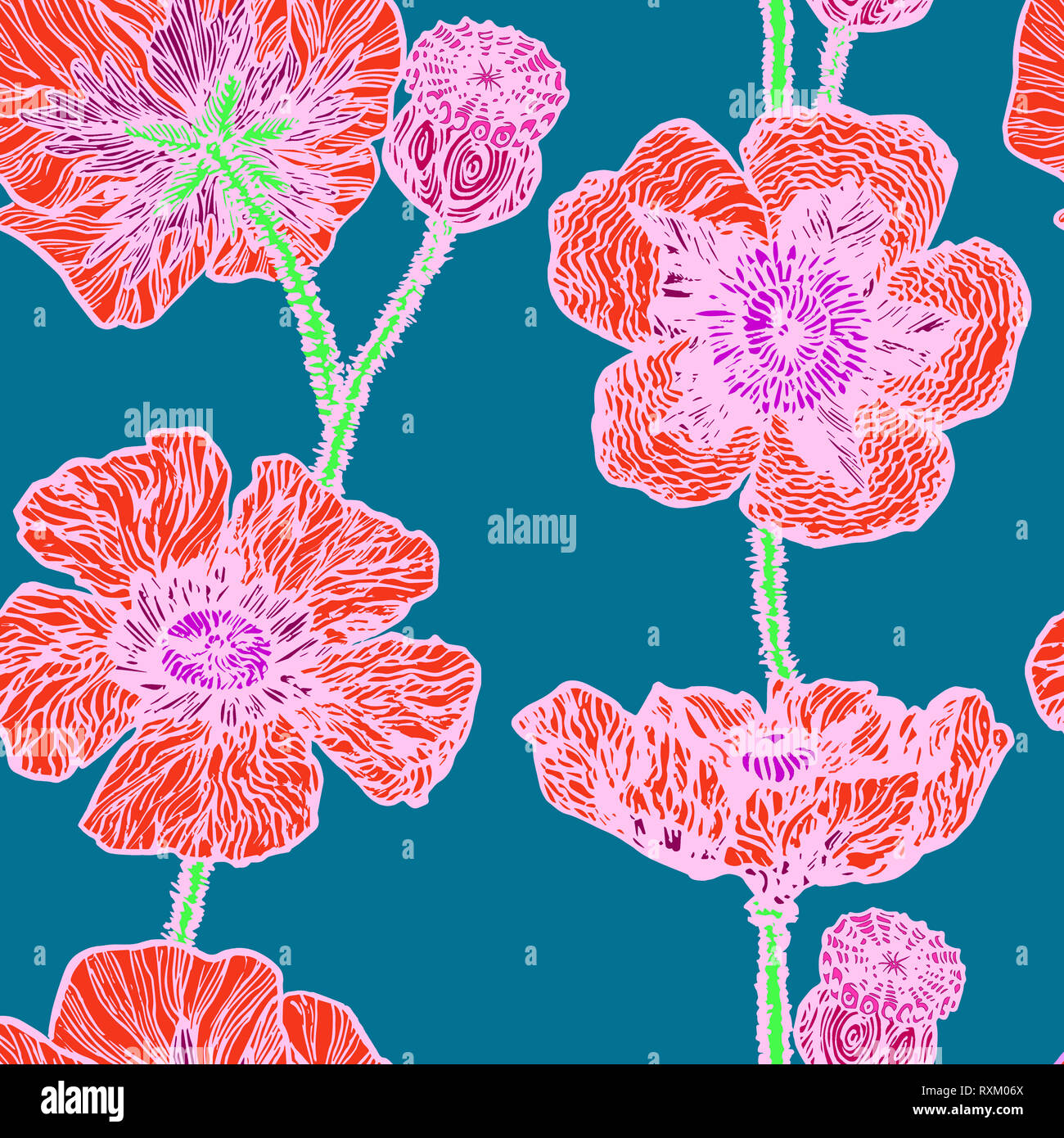Papaveri rossi, disegnati a mano doodle, schizzo in naive, pop art style, profilo bianco, perfetta design pattern su sfondo verde Foto Stock