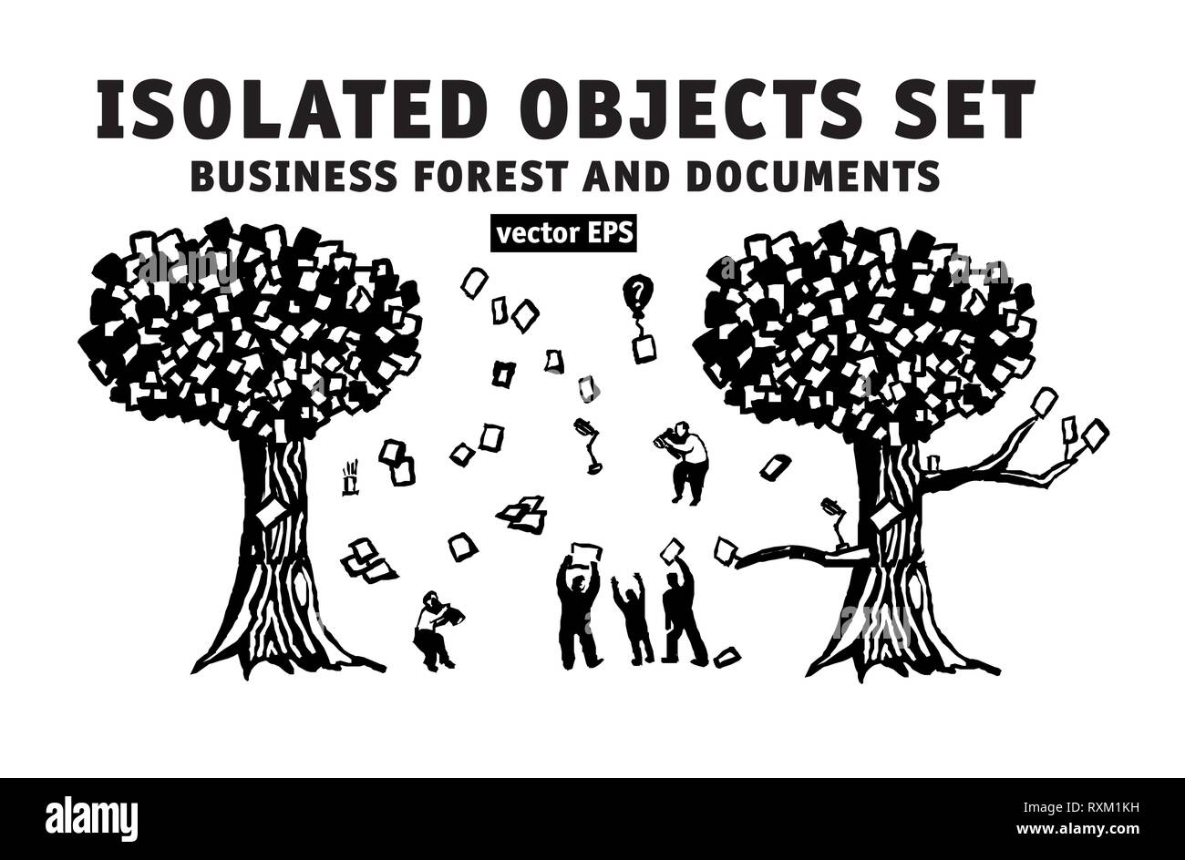 Abstract business tre oggetti isolati insieme persone e documenti Illustrazione Vettoriale