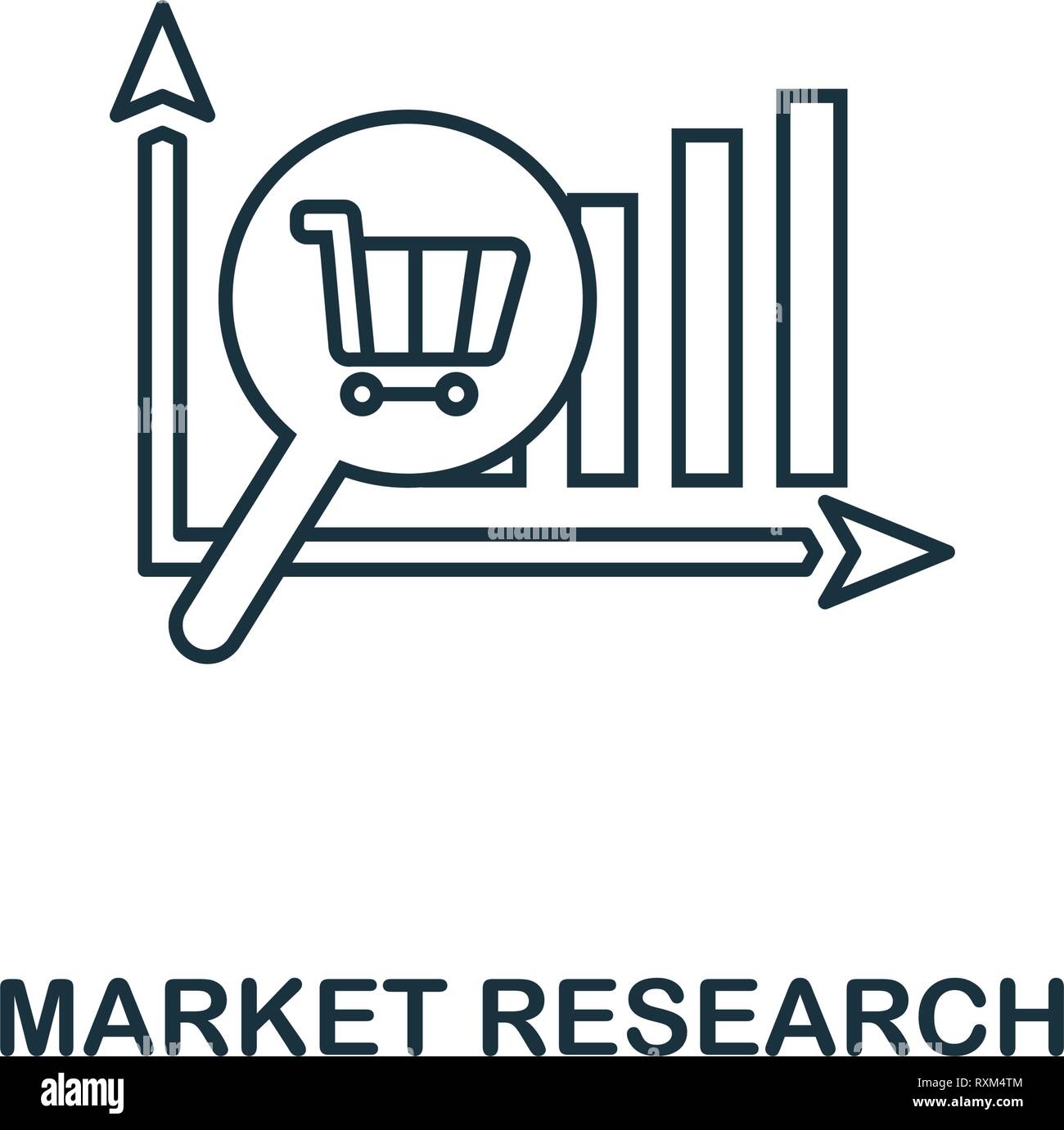 Ricerca di mercato sottile di icona di stile di linea. Simbolo da online marketing raccolta di icone. Delineare le ricerche di mercato icona per web design, applicazioni software Illustrazione Vettoriale