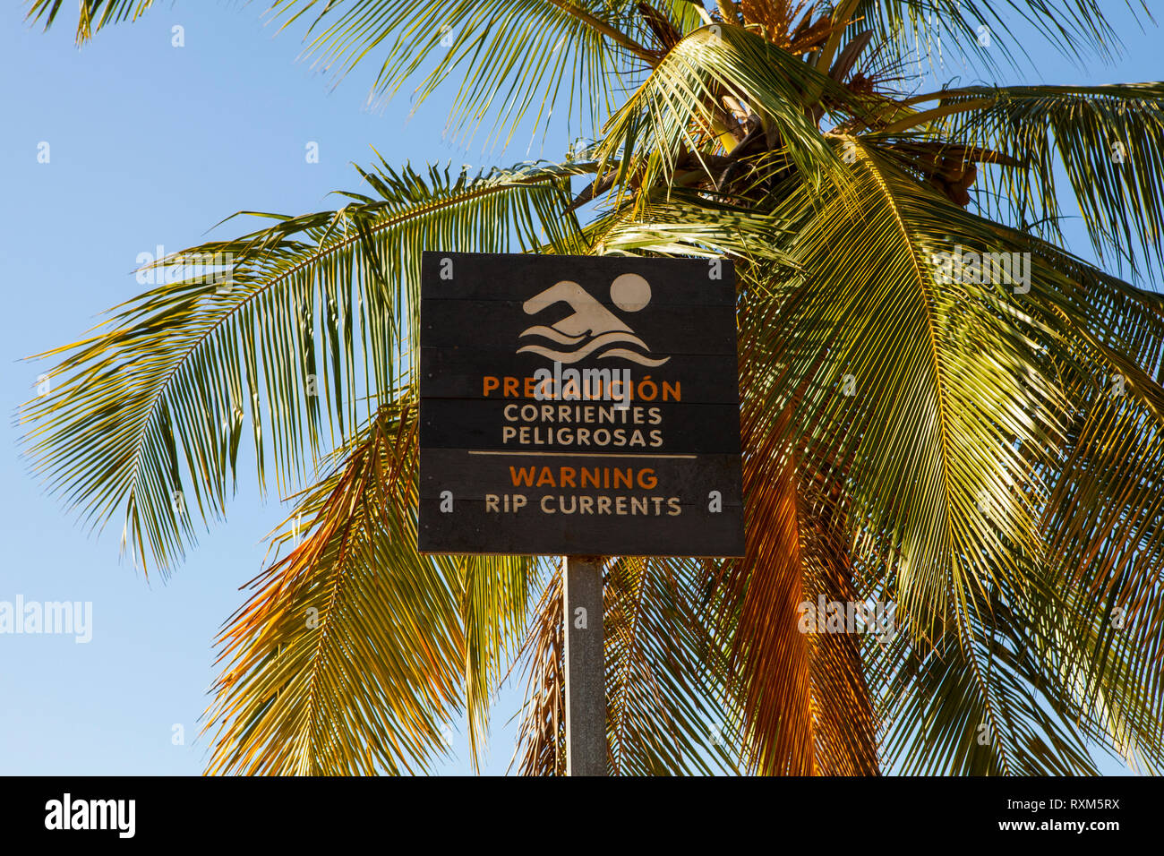 Playa Punta Islita, Samara/ Costa Rica - Gennaio 28, 2019: rip correnti segno di avvertimento in un Oceano Pacifico costa, spiaggia pubblica Playa Punta Islita, Costa Foto Stock