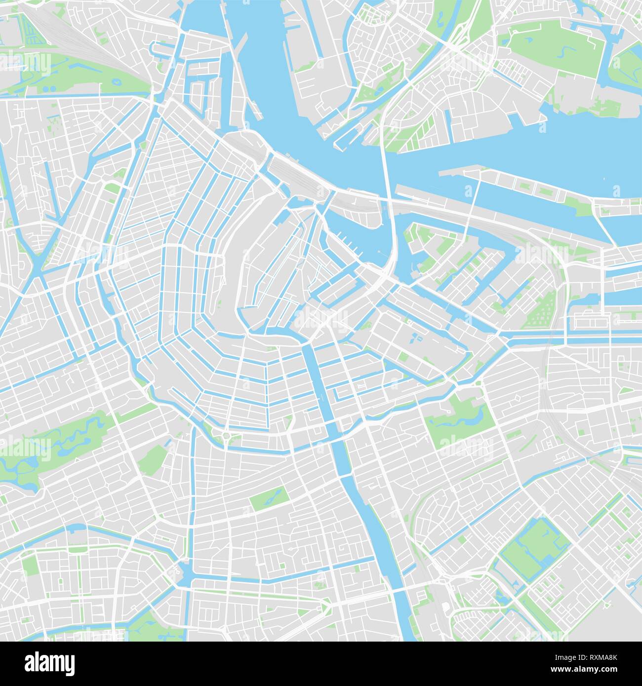 Downtown mappa vettoriale di Amsterdam, Paesi Bassi. Questa mappa stampabile di Amsterdam contiene linee classiche e forme colorate per terra di massa, parchi, acqua, Illustrazione Vettoriale